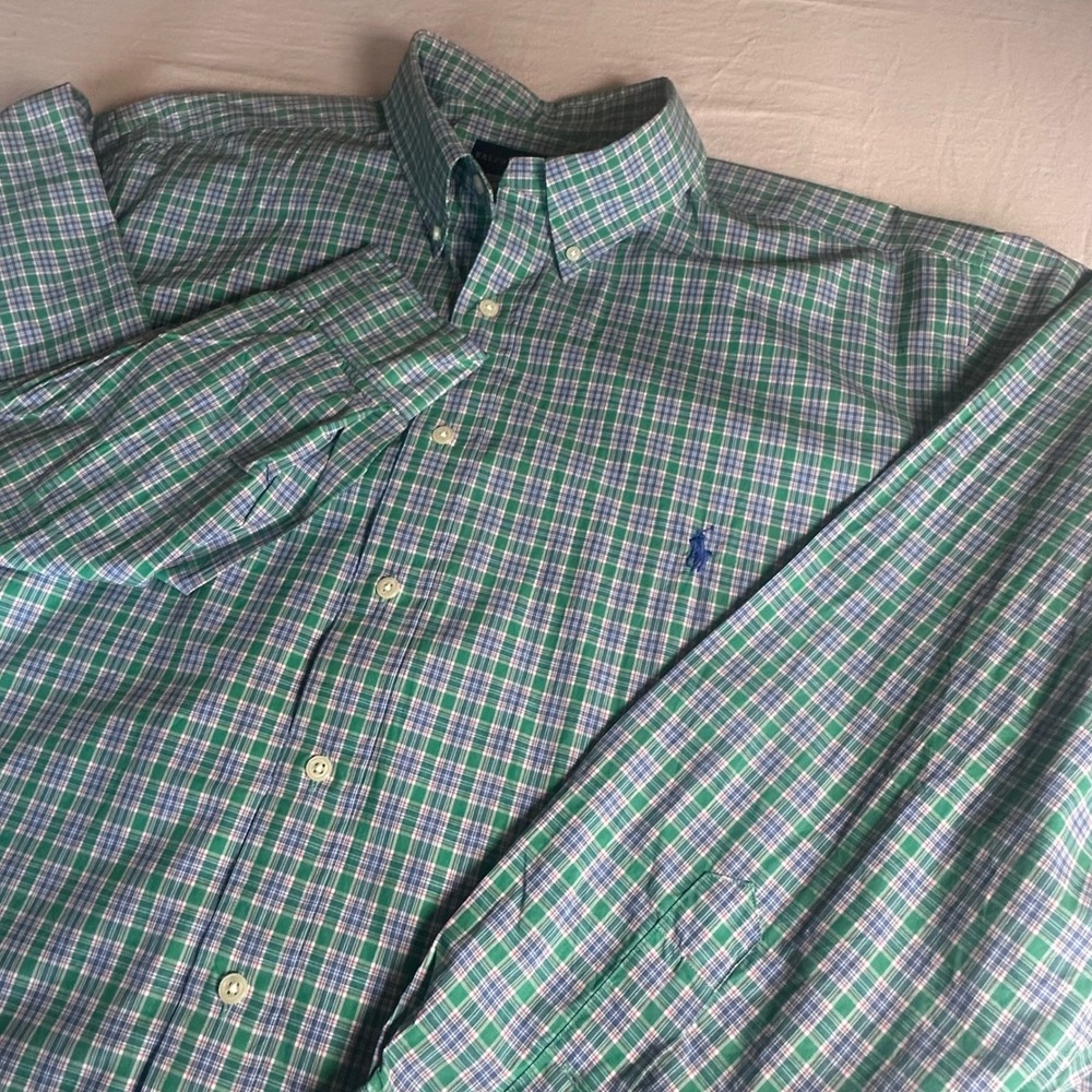 Ralph Lauren Polo Mens 2XB Big Green Blue Plaid Long Sleeve Button Down Shirt